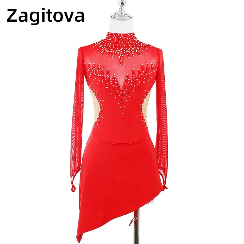 

customized figure skating performance suit girls' skating dress children's adult competition grading long sleeved red high neck