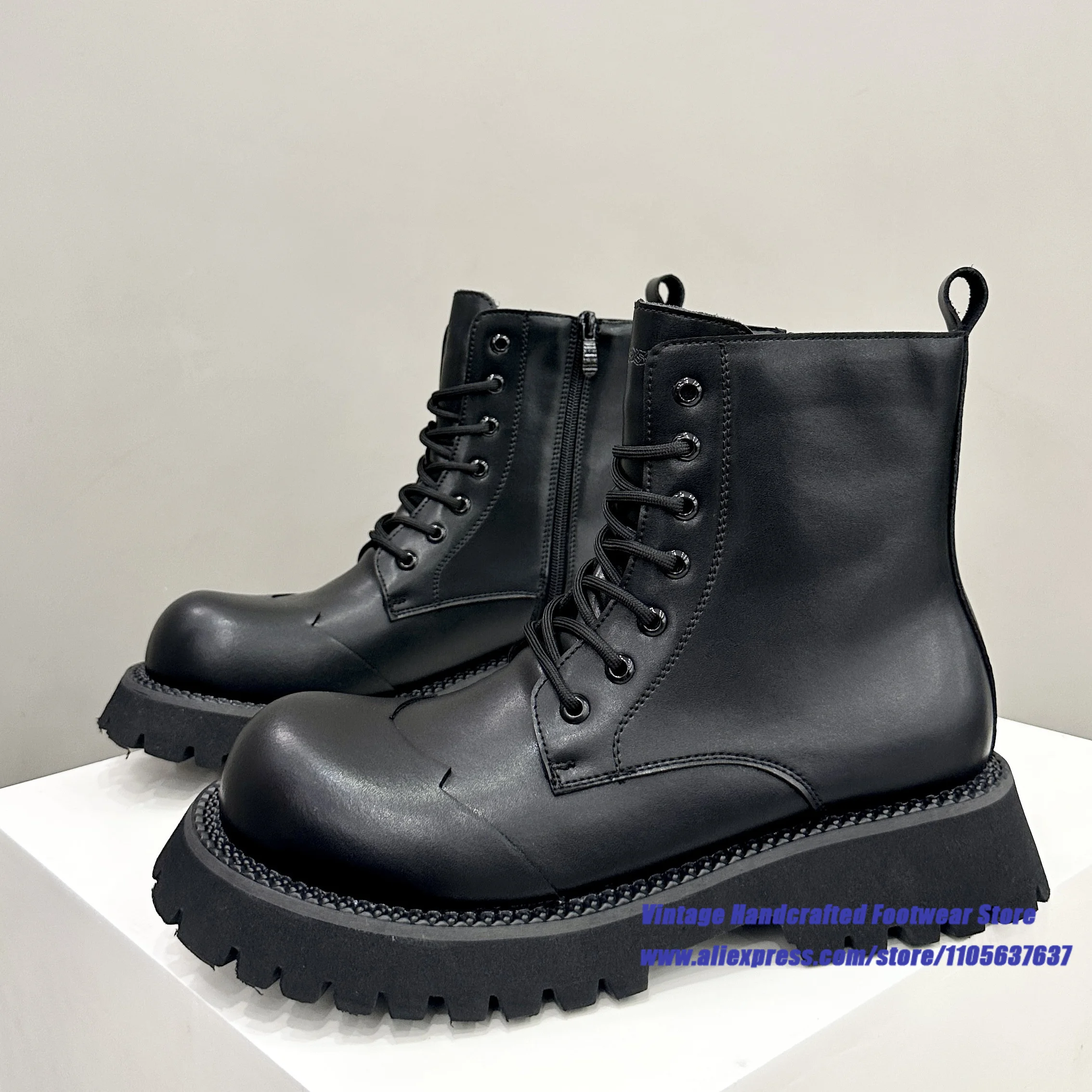 Black Leather Thick Sole Men's Boots Front Lace Up & Inner Side Zipper Round Toe Ankle Boots ﻿Vintage Handcrafted Men's Boots