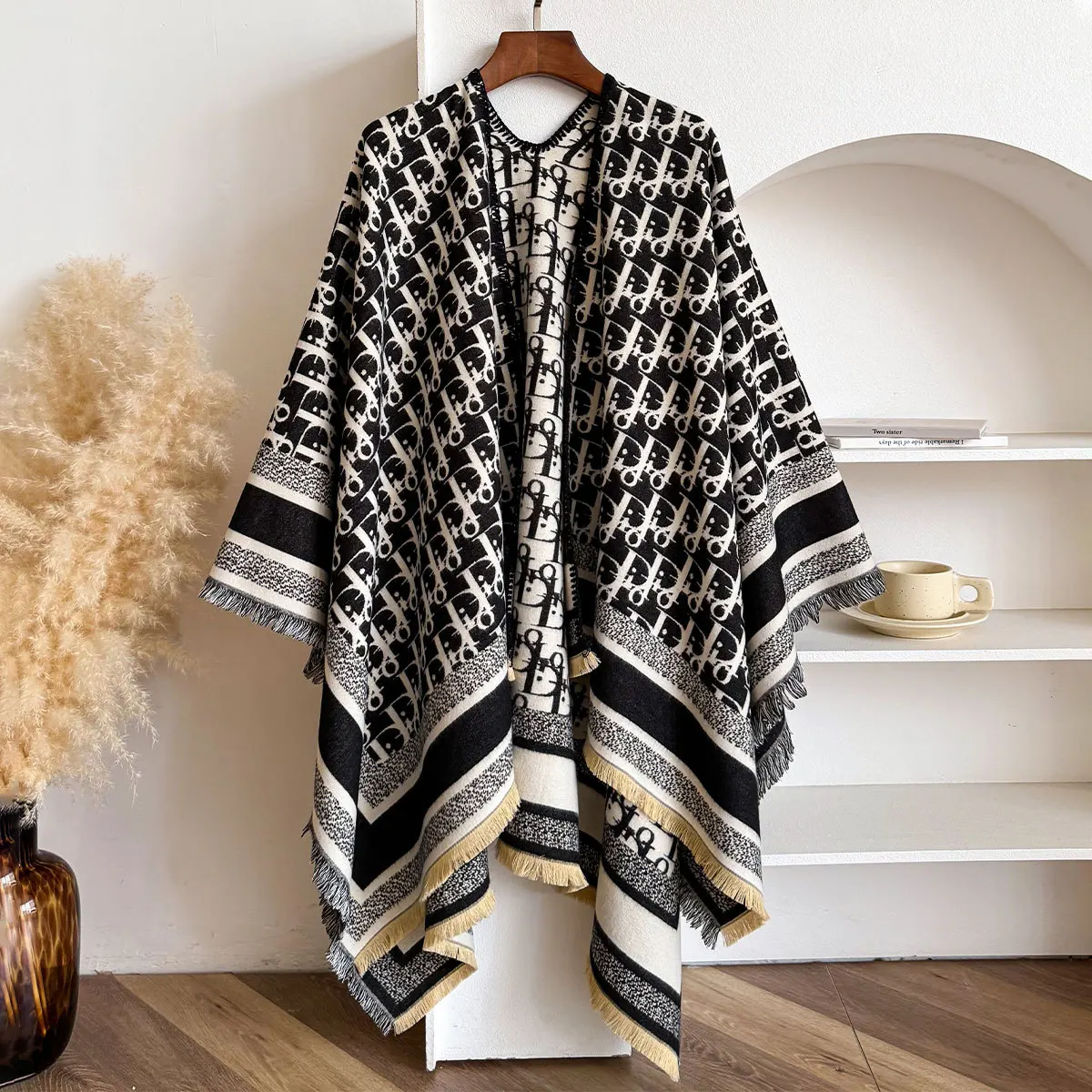 

New Winter Fashion Scarf Women Warm Acrylic Shawl Letter Design Black White Vintage Cape Poncho Travel Accessory Scarves
