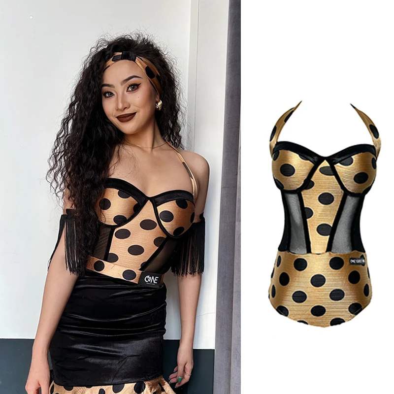 

Halter Latin Dance Performance Tops Gold Polka Dots Bodysuit Women Practice Wear ChaCha Modern Ballroom Dancing Clothes YS5265