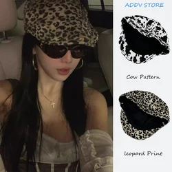 Women Modern Cow Print Forward Hat Y2K Personality Leopard Print Adjustable Cap Beret Painter Newsboy Hat