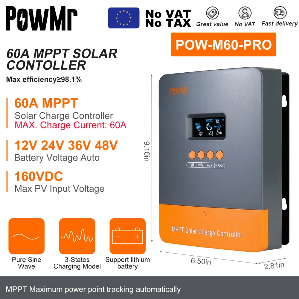 PowMr MPPT 100A 80A 60A 40A 30A 30A 20A Zonnelader Controller LCD Werk met 12V 24V 36V 48V Loodzuur Lifepo4 Batterij Zonnepaneel