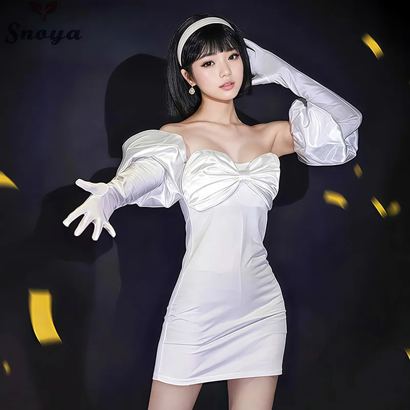 Snoya Sua Cosplay Clothing Synthetic Wig Anime Alien Stage Cosplay Costume Short Black Hair and White Dress for Women