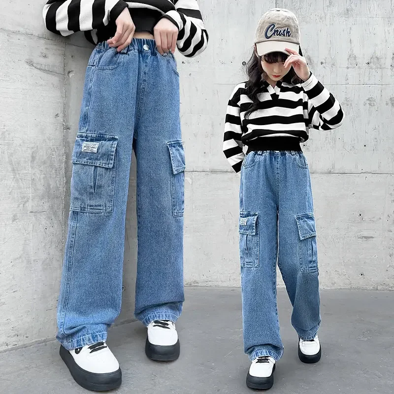 

2023 Blue Pocket Design Teenage Kids Cargo Pants Casual Straight School Children Trousers Fashion Cargo Jeans for Girls Spring