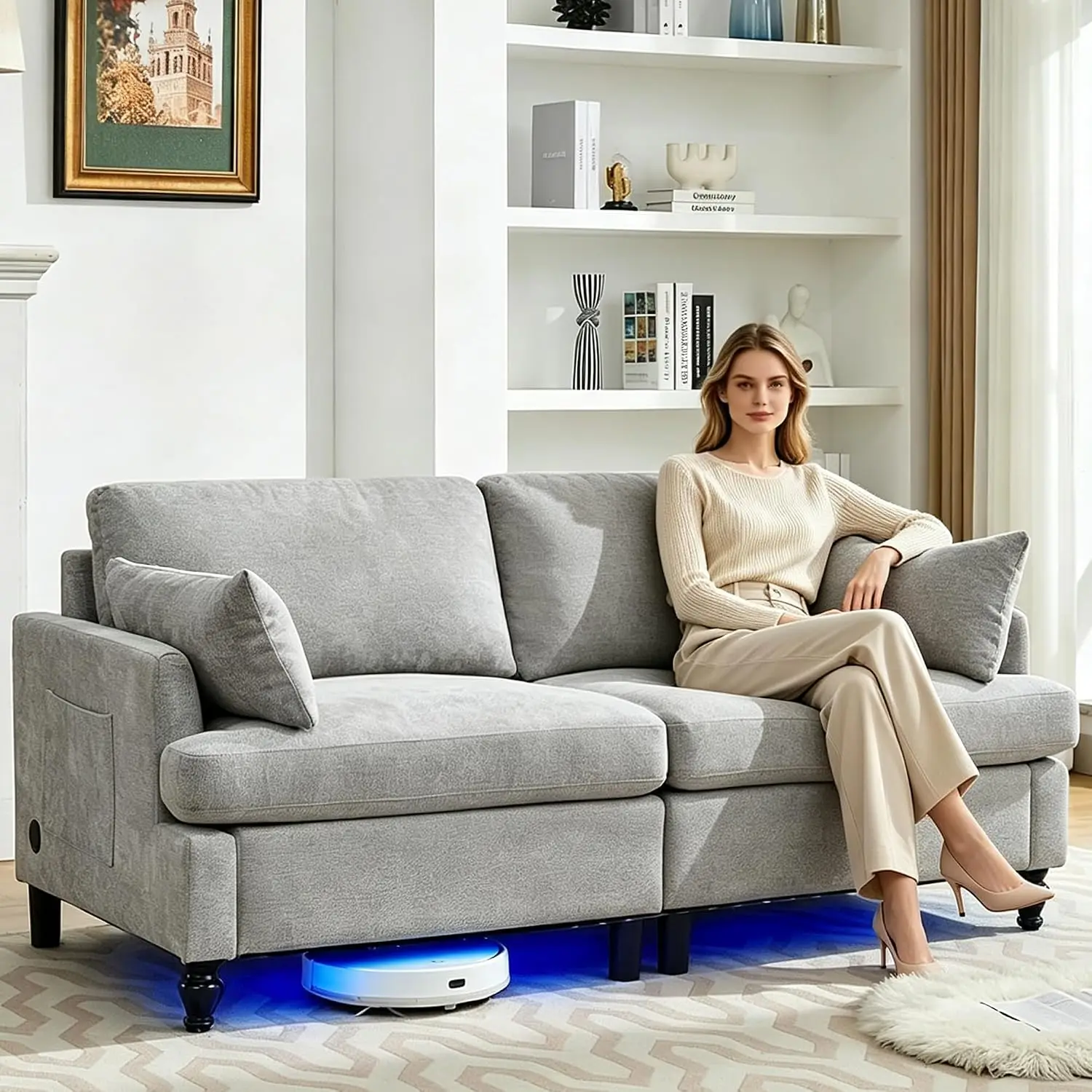 70 Inch Gray Loveseat 2 Seat Chenille Sofa Deep Seats Spring Cushions Solid Wood Frame Modern Small Couch Living Room Apartment