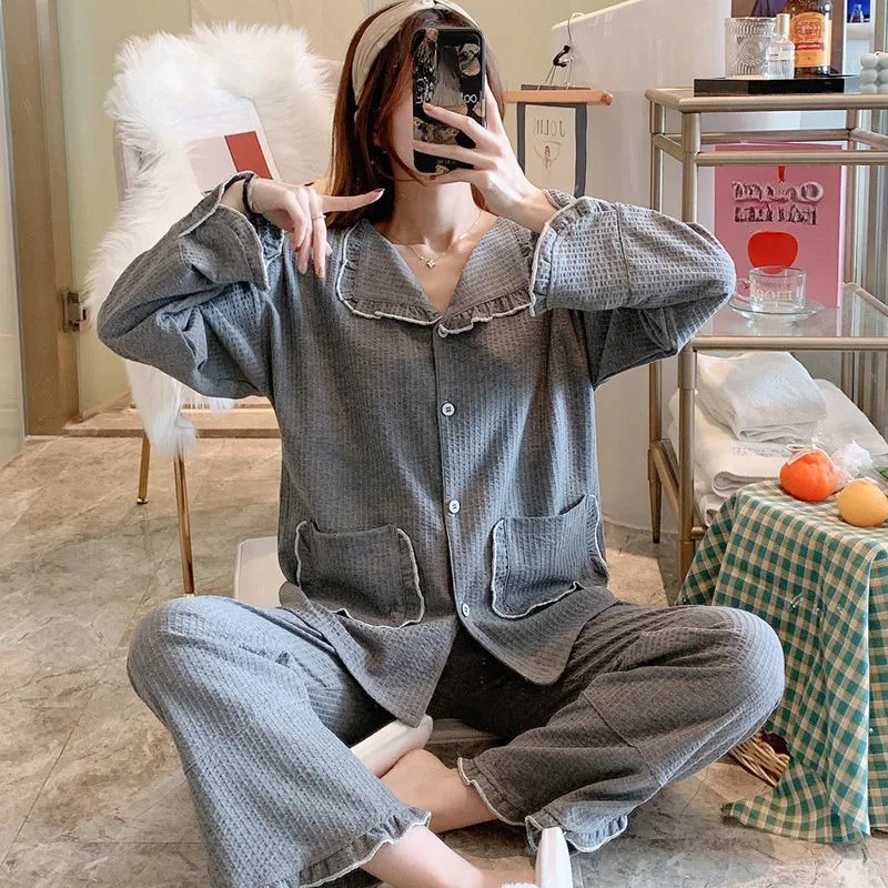 Long Sleeve Pure Cotton Pajamas Ms. New Spring and Winter Models Can Be Worn Outside A Loungewear Set An Internet Celebrity