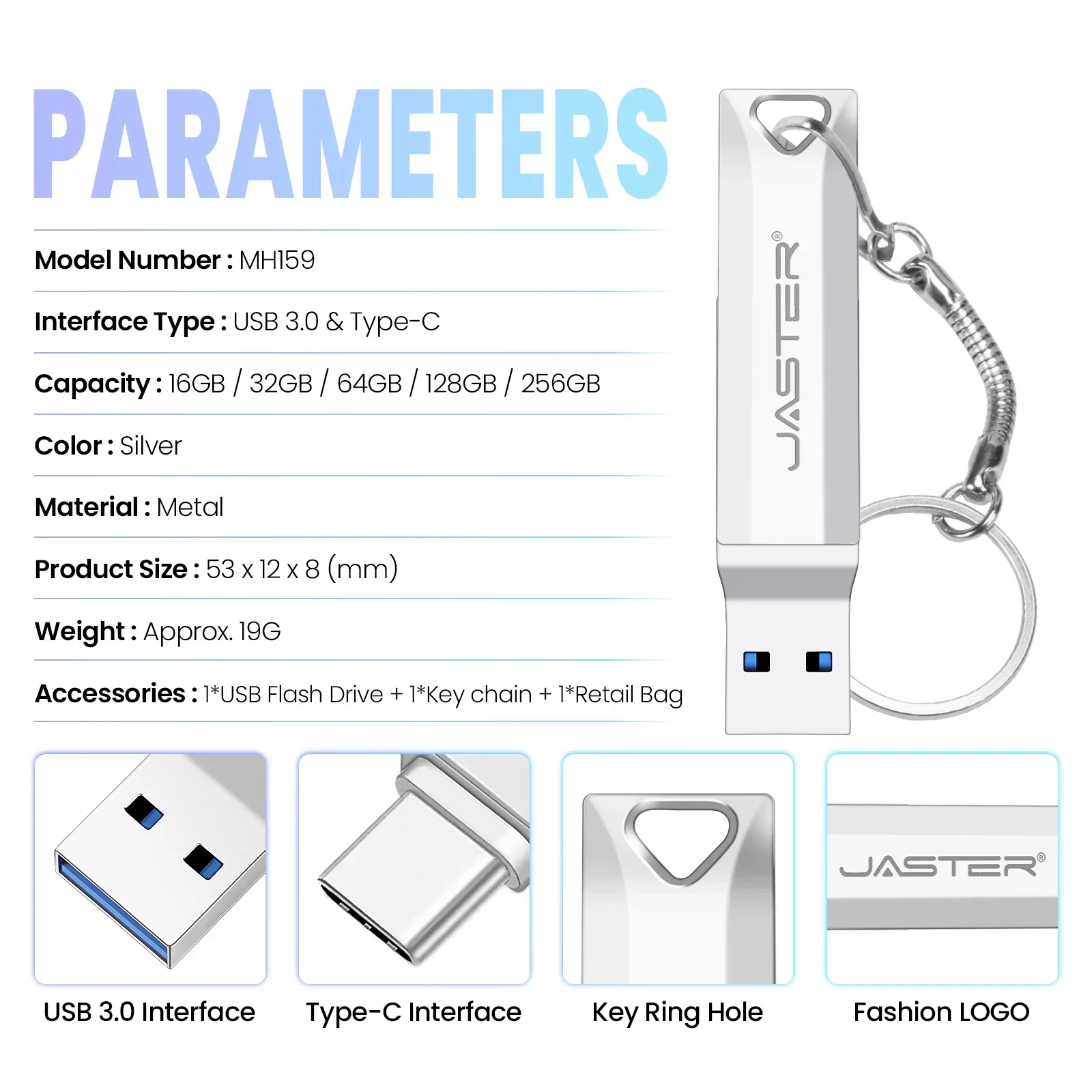 JASTER Silver Metal USB 3.0 Flash Drive 256GB TYPE-C 2 in 1 Memory Stick 128GB High Speed Pen Drive 64GB Rotatable U Disk 16GB