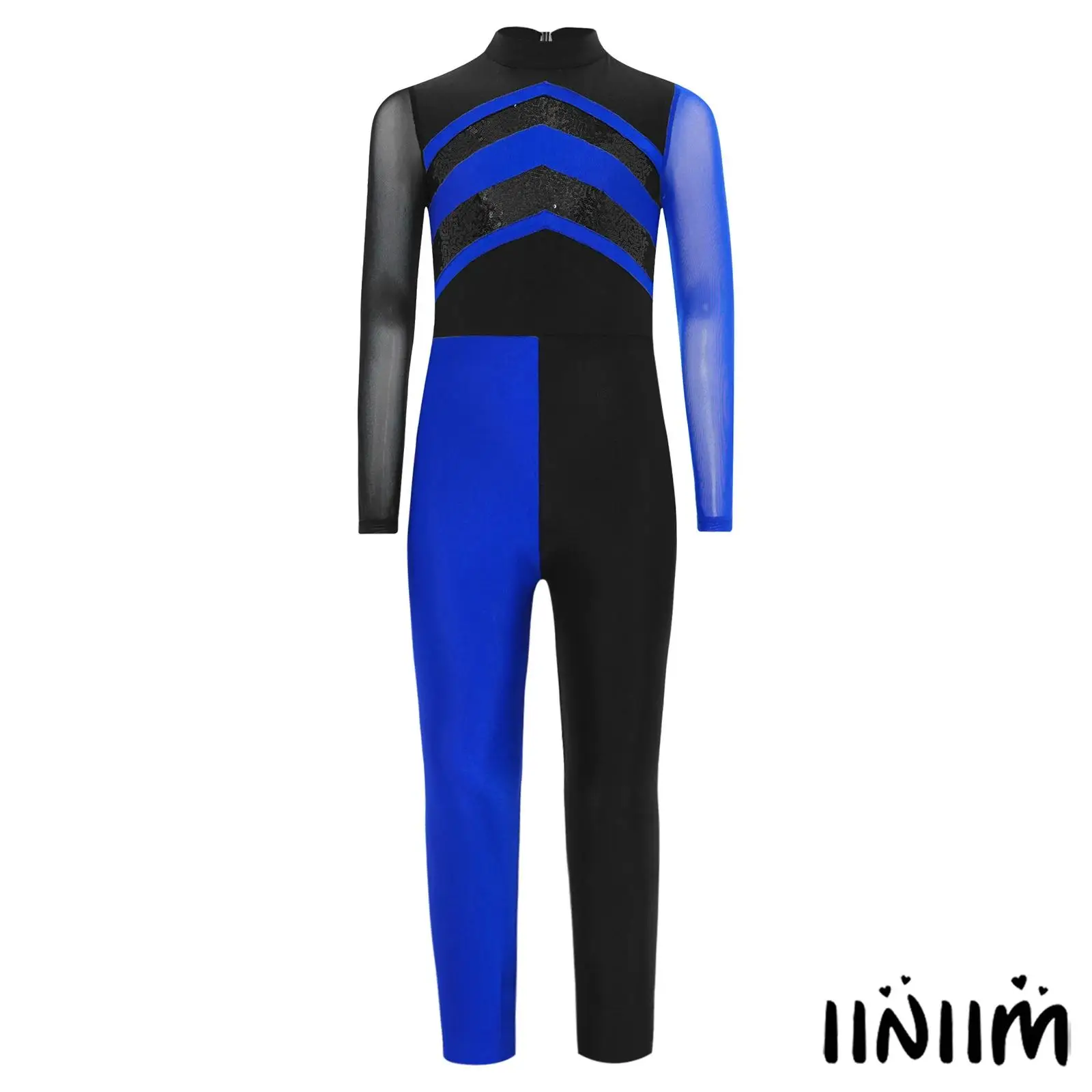 

Girls Radiant Gymnastics Yoga Performance Jumpsuit Sequins Sheer Mesh Sleeves Color Block Bodysuit Unitard for Ballet Jazz Dance