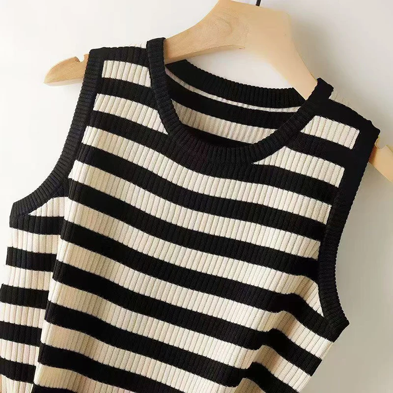 Summer 100% Pure Cotton Women's Sleeveless T-Shirt Casual Striped Knitted Pullover Loose Round Neck Tees Pull Vest Tank Tops