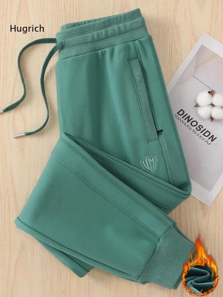 Ladies Elastic Drawstring Waist Winter Jogger Pants Fleece Lined Embroidered Badge Cuffed Sweatpants For Outdoor Home Wear