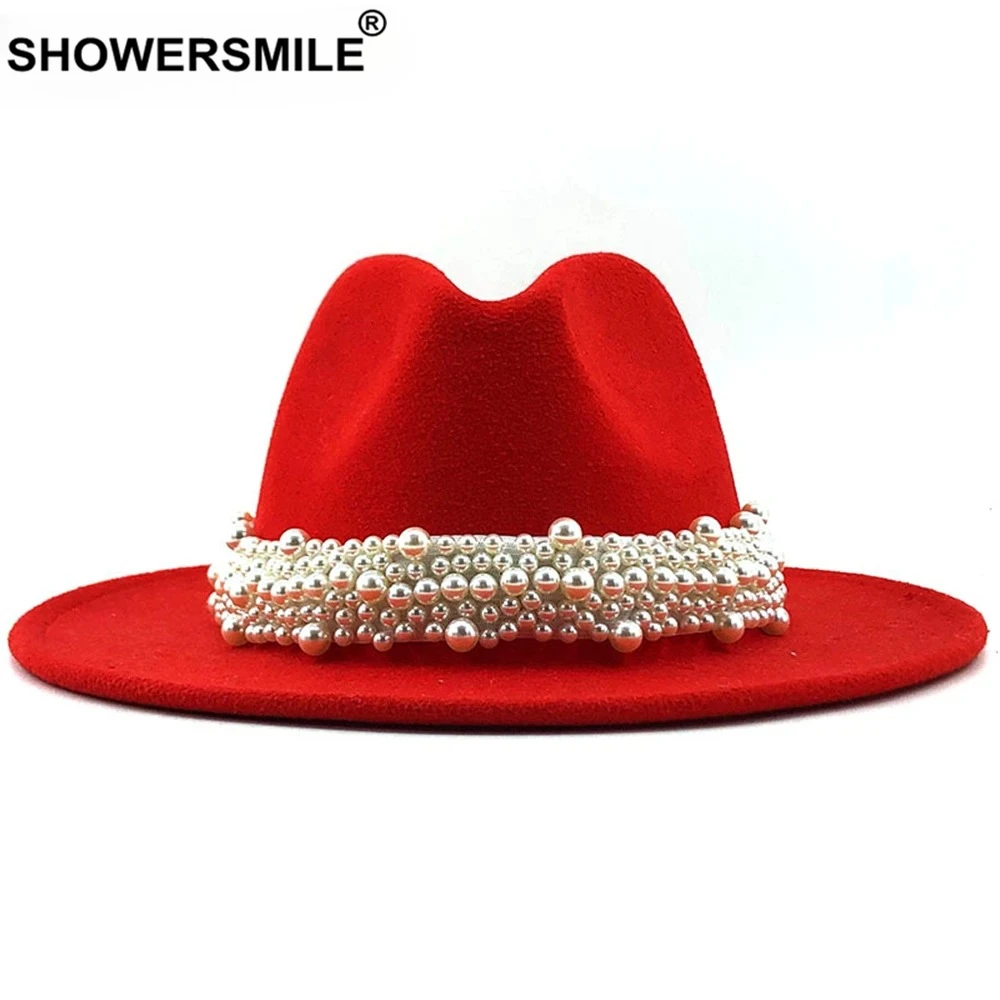 

New Design Red Women Pearls Fedora Jazz Hats Casual Felt Hat Fashion White Pink Blue Black Formal Party Cap 58-61CM Large Size