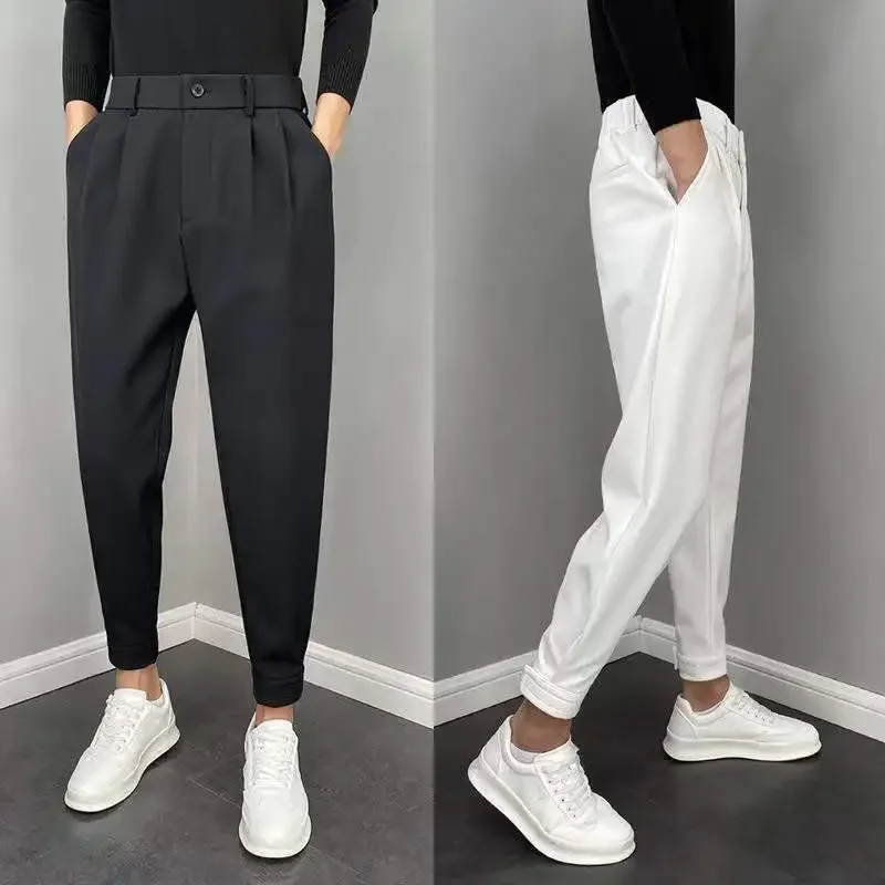 

Korean Style Ankle Tied Cropped Casual Pants for Men, Draping Slim-Fit Velcro Trendy Elastic Suit Trousers Black White All-Match