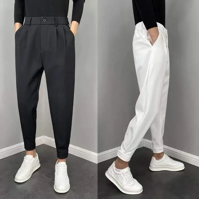 Pantaloni Casual tagliati alla caviglia in stile coreano per uomo pantaloni eleganti alla moda in Velcro Slim Fit drappeggiati nero bianco tutto fiammifero AliExpress