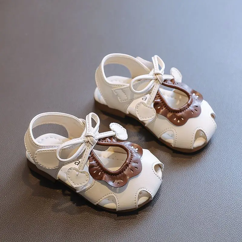 Little Girls Closed Toe Sandals Cute Bow Lace Trim Kids Summer Flat Sandals First Walker Non-slip Breathable Children's Sandals