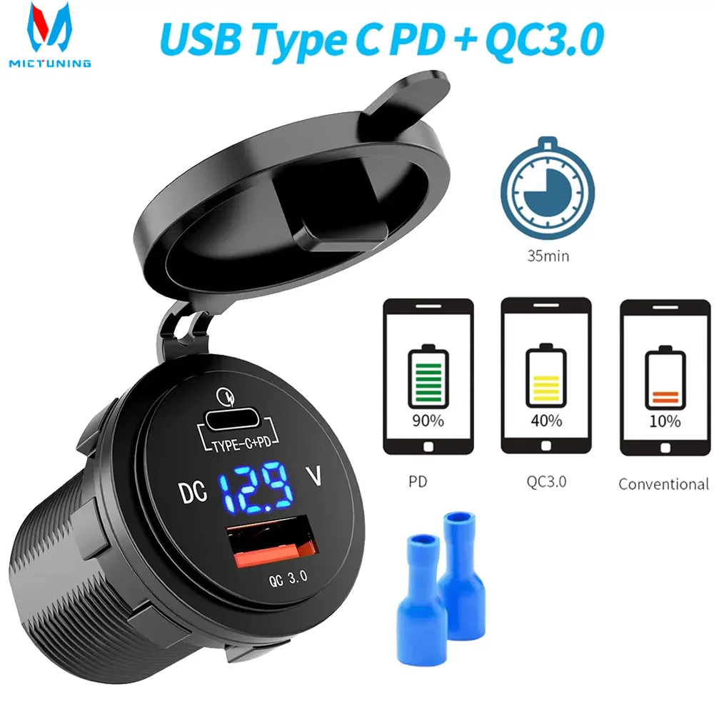 

TypeC Voltmeter Car Charger Outlet USB Quick Charge Waterproof Quick Charger Aluminum QC3.0 Dual USB Car Charge 12V for motorbik