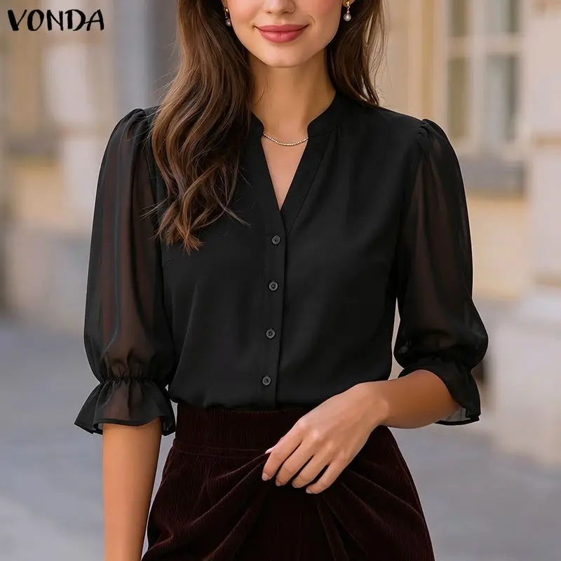 Chemises d'été et de printemps pour femmes VONDA, hauts de travail élégants, chemise transparente à manches 3/4, col en V, Blusas, streetwear de fête