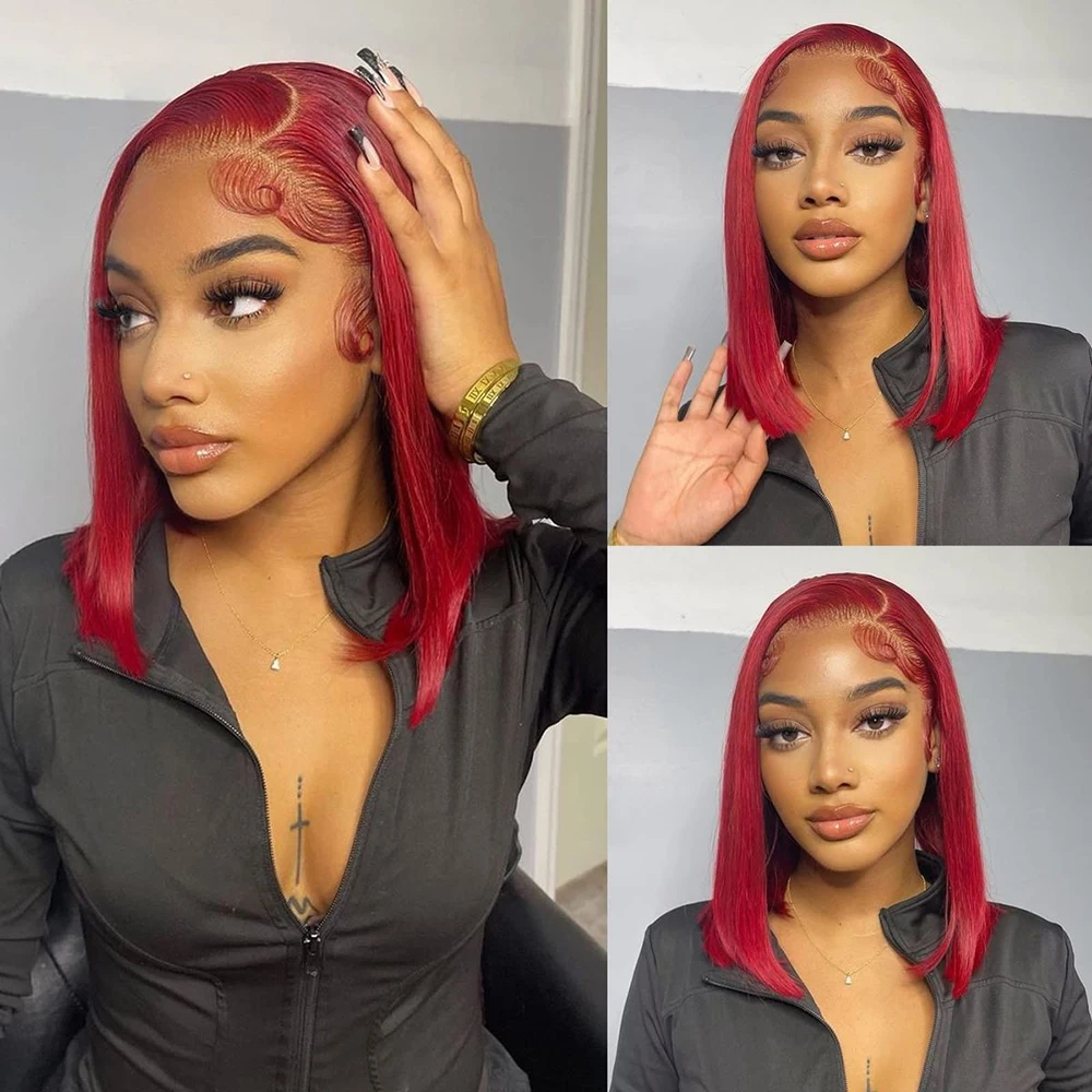 

13x4 Lace Front Wig Red Color Bob Straight Hair Wig 100% Human Hair Straight Short Bob Wig 180 Density For Women