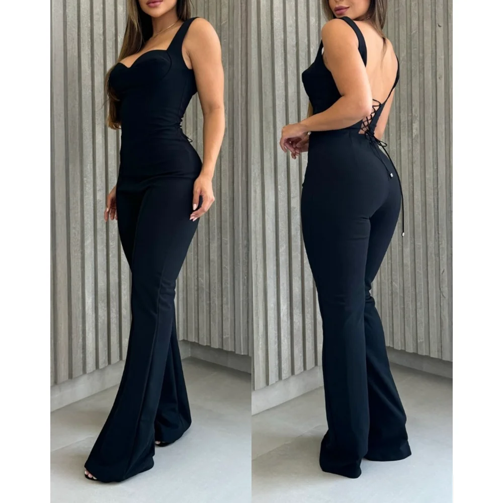 Sweatheart Neck Thick Strap Backless Lace-up Wide Leg Jumpsuit Summer Red Jumpsuits