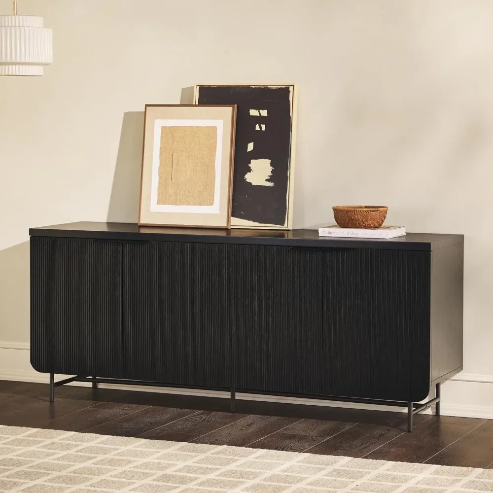 Scandinavian Grooved 4-Door Sideboard, 69 Inch, Black