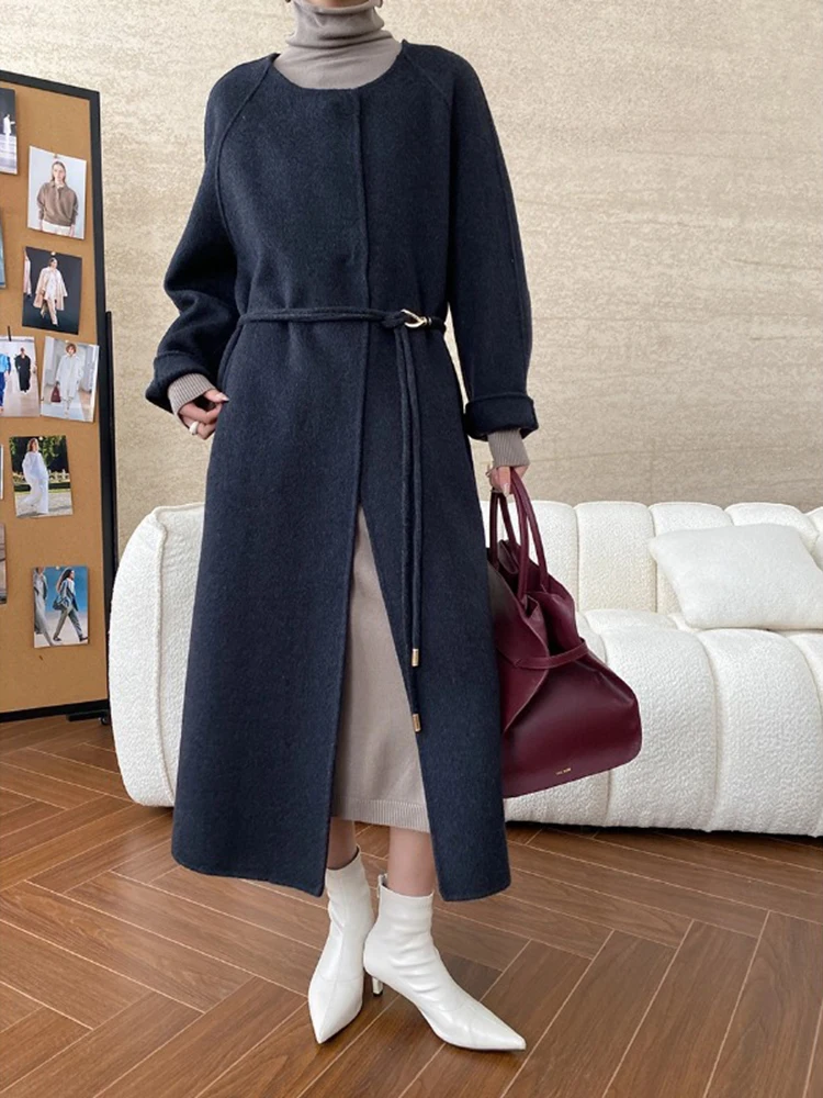 LANMREM Scarf Collar Wool Coats For Women Double Sided Woolen Coats 2024 Winter New Luxury Clothing Office Lady 2DB1235