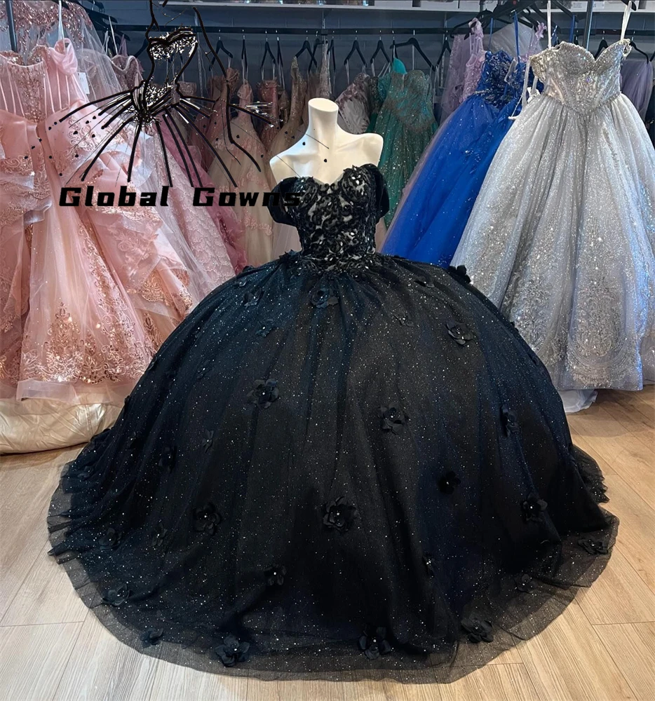 

Black 3D Flower Quinceanera Dresses Ball Gown Bead Appliques 2024 Birthday Luxury Dress Formal Gown Sweet 16 Customized