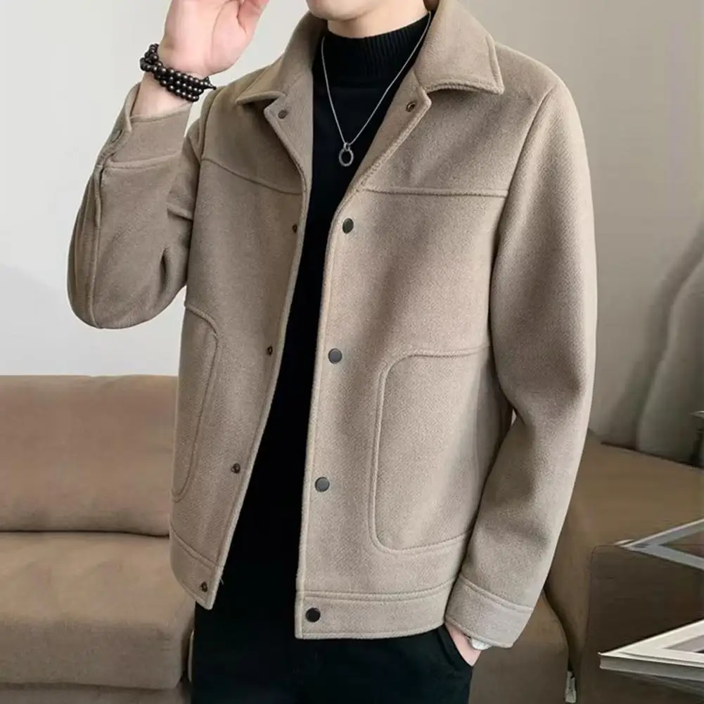 2023 Fashion Men Single-Breasted Windbreaker Solid Color Slim Short Woolen Coat Winter Casual Warm Windbreaker Coat Men Clothing