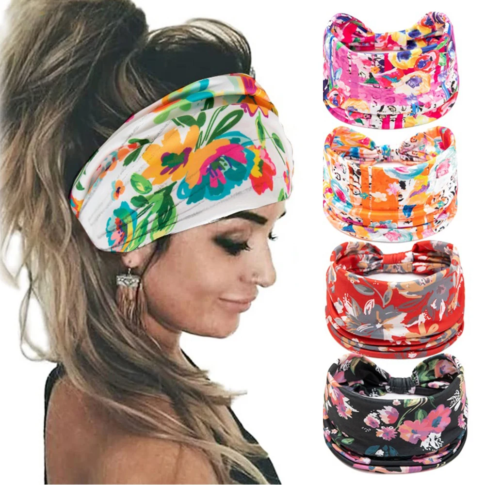 New Boho Floral Wide Headbands Vintage Knot Elastic Turban Headwrap for Women Girls Cotton Bandana Headbands Hair Accessories