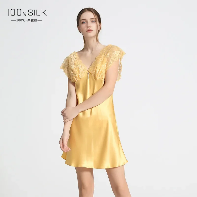 

19MM 100% Mulberry Silk Women's Sleepwear Lace Nightgown Casual Sleeveless Slip Night Dress Sexy Nightdress V-neck Chemise Dress