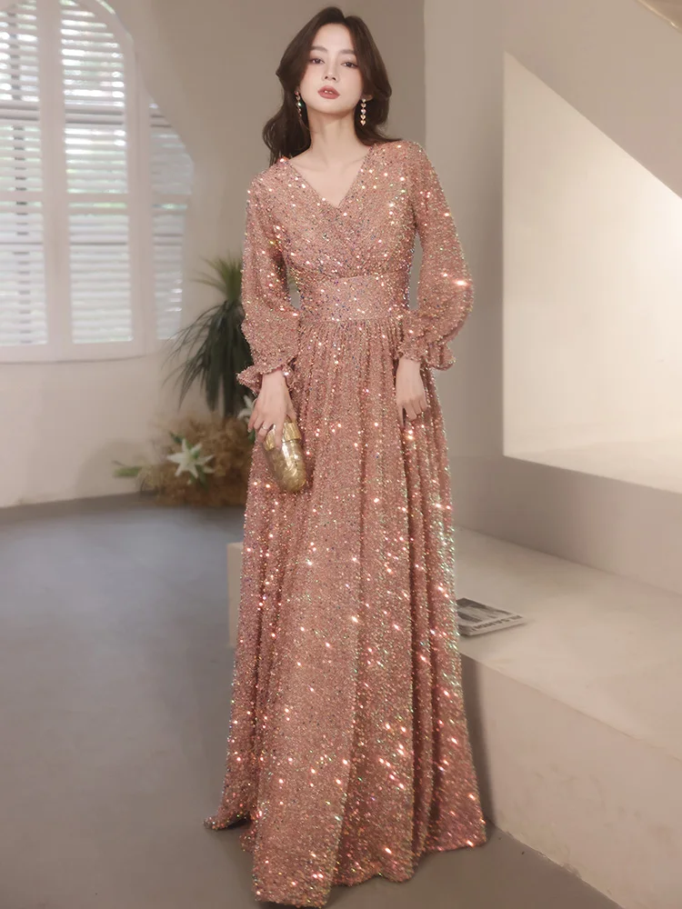 

Long Sleeve Evening Dresses Elegant V-Neck A-Line Floor-Length Sparkly Sequin Women Formal Gowns For Engagement Part