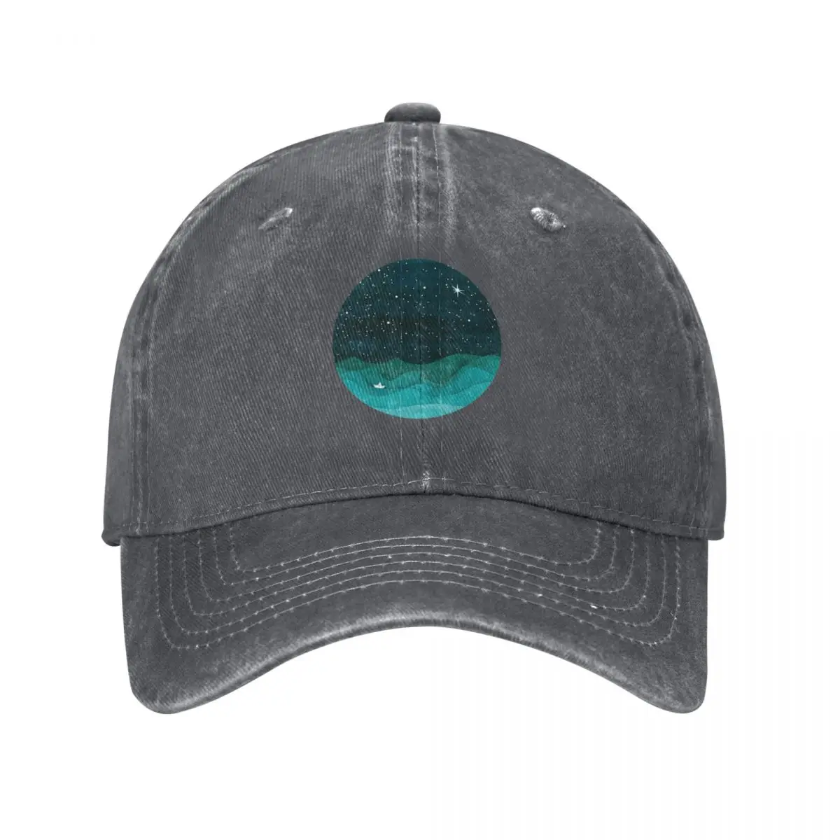 Starry Ocean, teal sailboat watercolor sea waves night Baseball Cap Icon Sunhat Designer Hat Women's Golf Clothing Men's