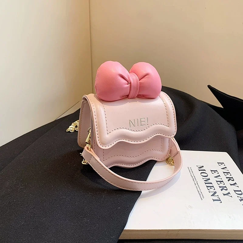 Kids Butterfly Knot Chain Crossbody Bag for Girl Mini Shoulder Bag Letter Design Buckle PU Leather Waterproof Fashion Satchel