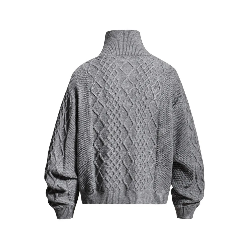 MWJLPWQ High-Neck Knitted Cardigan Sweater Men Casual Solid Color Diamond Pattern Texture Loose Fit Single-Breasted Tops 20807