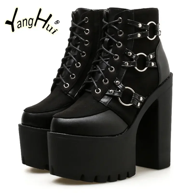 Punk Style Retro Shoes for Women Platform Super High Hells Ankle Women\'s Pumps 2023 New T-stage Modern Boots Autumn Winter