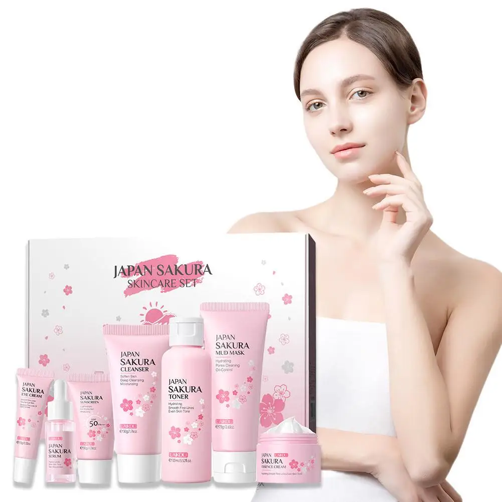 7pcs Sakura Skin Care Set Nourishing Moisturizing Brightening Smoothing Facial Cleanser Sunscreen Eye Cream Skin Care Gift Box