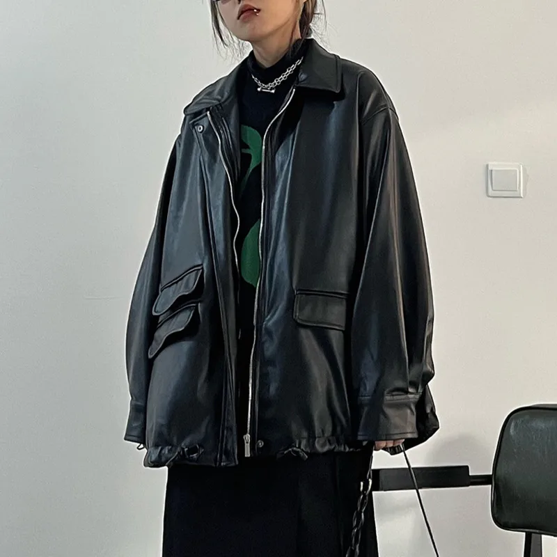 HKSH Lente Herfst Nieuwe vrouwen Jas PU Leer Rits Turn-down Kraag Zakken Streetwear Punk Casual Motorjassen HK14434