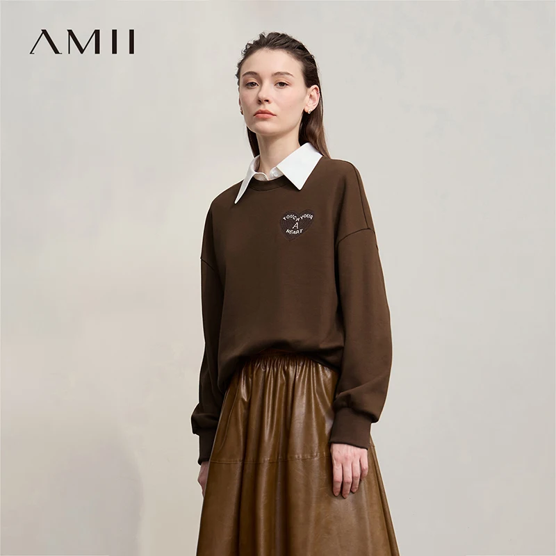 

AMII повседневная женская толстовка, свободная хлопковая женская одежда с вышивкой, осень 2021, новые топы с круглым вырезом и длинными рукавами, женские 12543081
