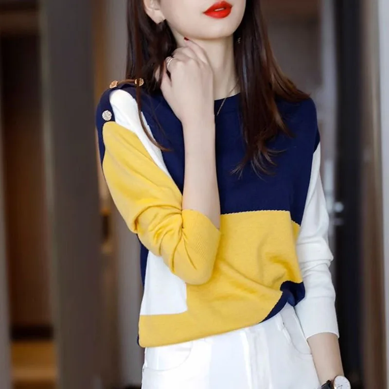 New Autumn/Winter Fashion Korean Edition Irregular Colorblock Round Neck Loose Versatile Foreigner Long Sleeve Women's Sweater