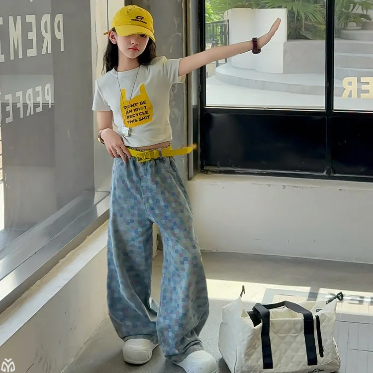 teen Girls colorful checkerboard jeans junior kid cotton white letter t-shirt Wide leg pants straight-leg trousers child outfits