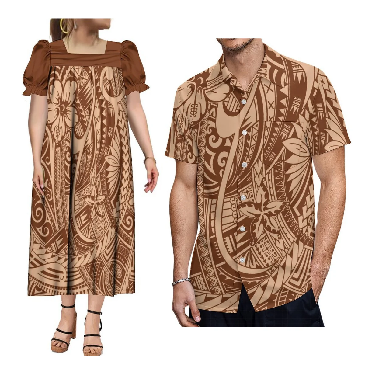 Custom Polynesian Design Micronesian Men'S Shirt And Mumu Women'S Square Neck Puffy-Up Dress Matching Couple'S Clothing