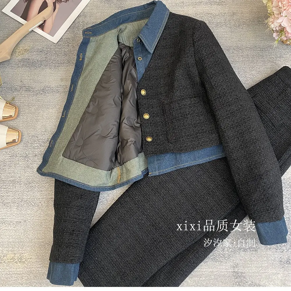 Fashion Set for Women in Autumn and Winter New Korean Version High-end Denim Splicing Short Jacket and Skirt Two-piece Set
