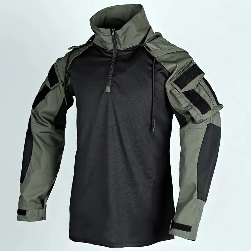 Outdoor Men Tactical Frog Shirt Long‑Sleeve Camo Combat Top Elastic Breathable Half Zip Shirts for Hiking Camping CS Training