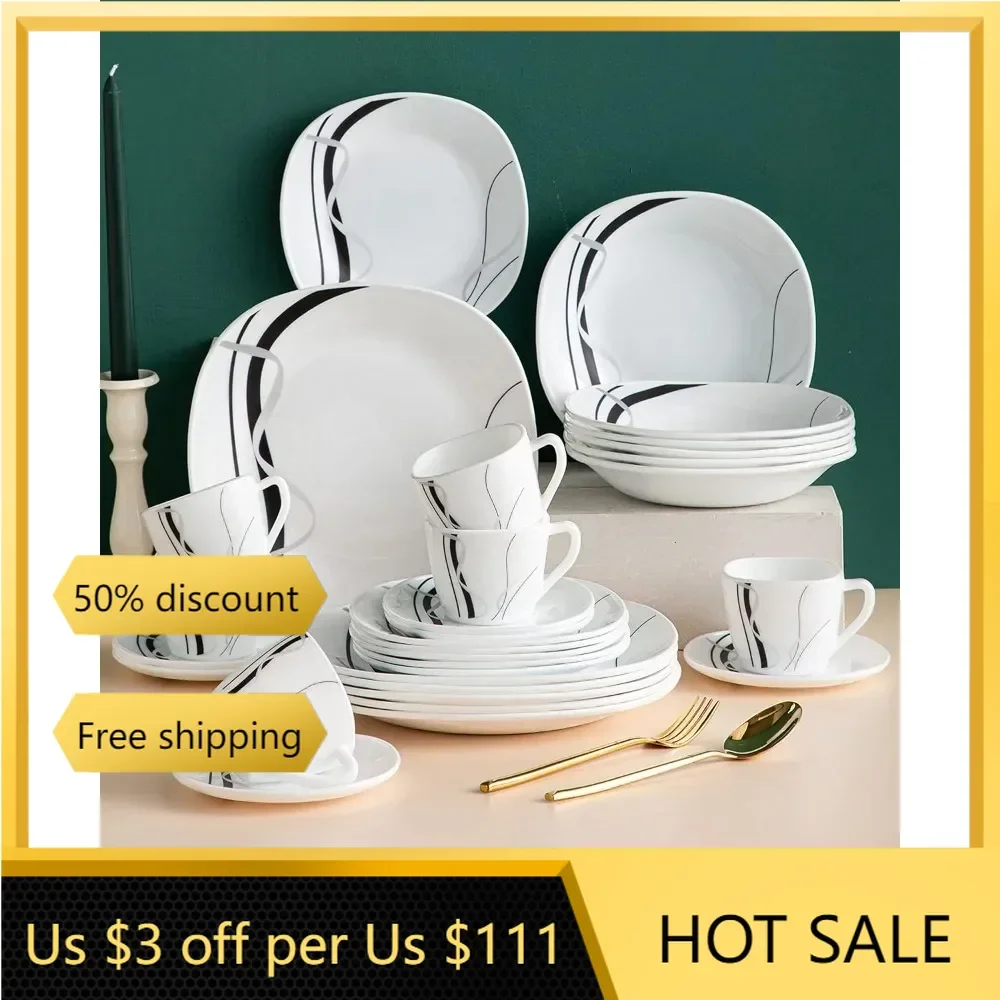 

30-Piece Dinnerware Set Ivory White Glassware Complete Tableware Dish Plates Dinner freight free