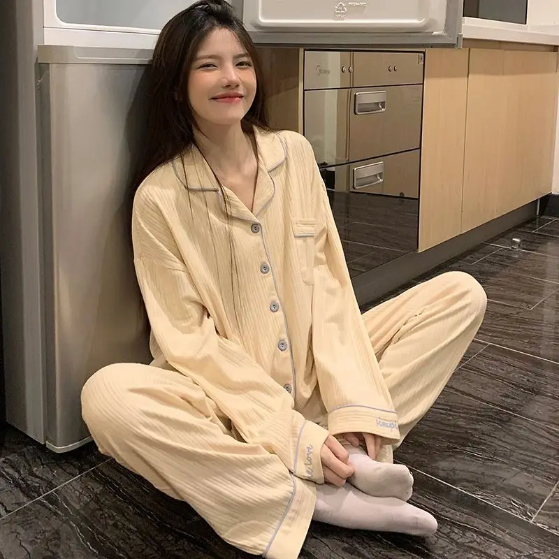 Solid Sleepwear Button Women Pajamas Set Autumn Piiama Korean Fashion Long Sleeve Sets 2 Pieces Night Wears Casual Home Wear New