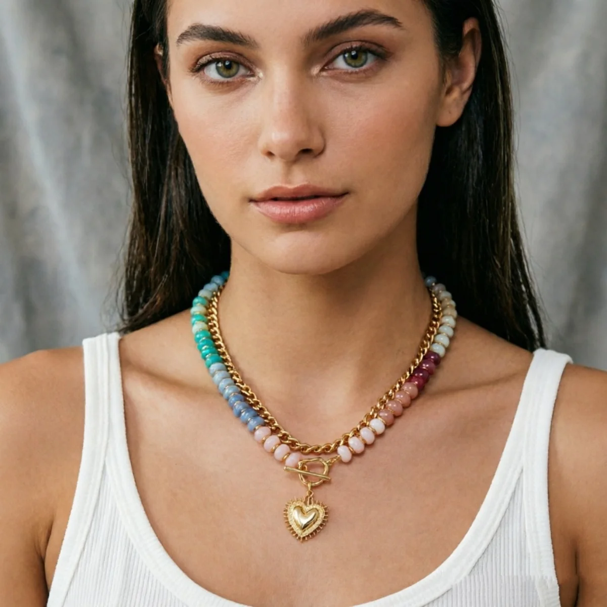 Y2K-Halskette mit Herzanhänger aus farblich abgestuften Harzperlen für Damen und Herren, Liebesherz, bunte Acrylperlen, Choker, ästhetischer Schmuck – Detail 12