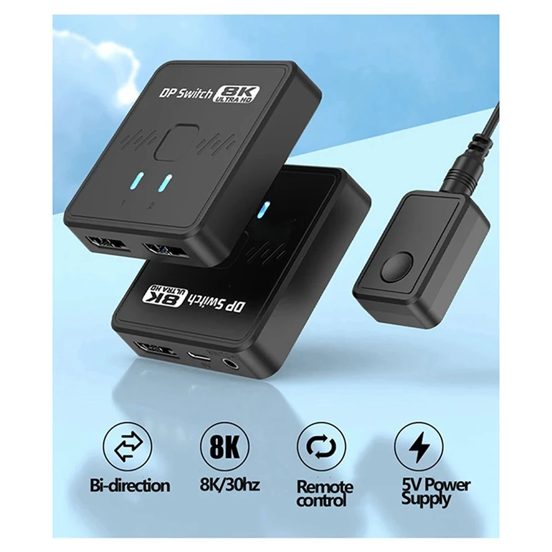 8K/30hz Bi-Direction DP 1.4 Switch/Splitter 2x1 Displayport Switcher DP Splitter with Remote Control for TV Box PC