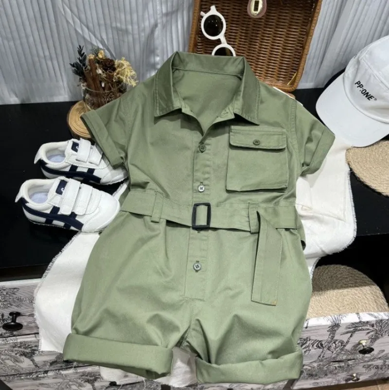 Children's short sleeved jumpsuit summer boys' lapel jumpsuit Girl baby lapel solid color fashionable clothing set