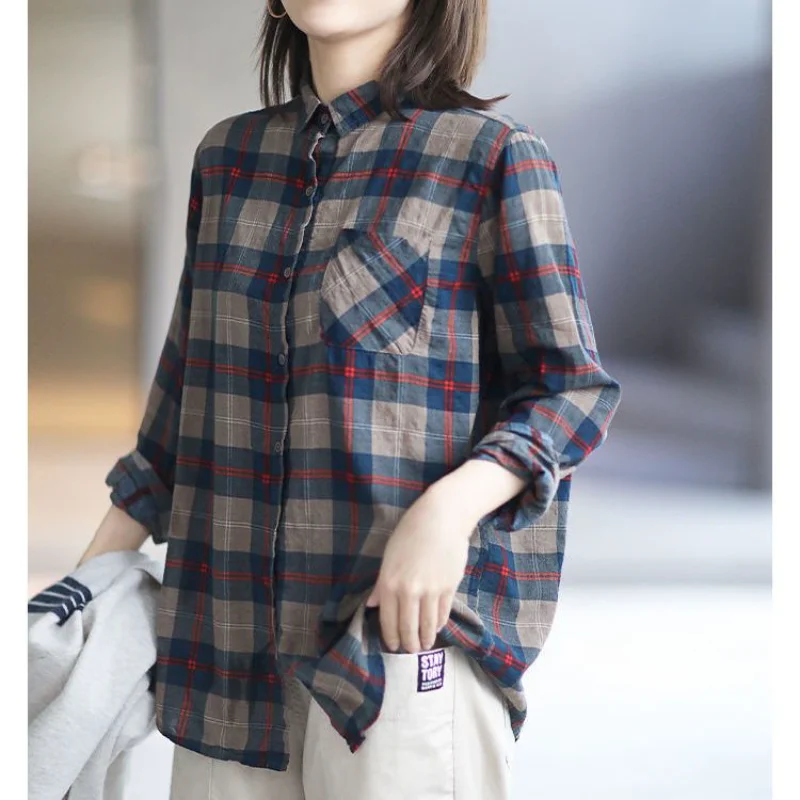 2025 Spring Cotton Linen Retro Plaid Shirt Patch Pocket Long Sleeve Lapel Breasted Casual Cardigan Top for Women