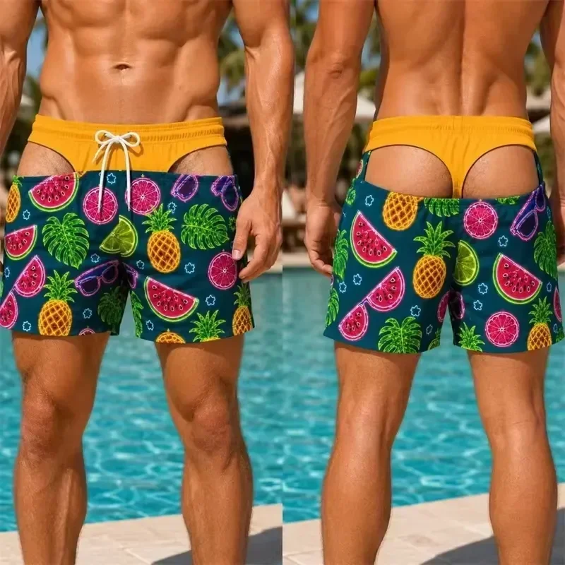 Shorts Comfortable Breathable Casual Men Tropical Fruit Flamingo Print Swim Trunks Quick Dry Drawstring Beach Board Shorts