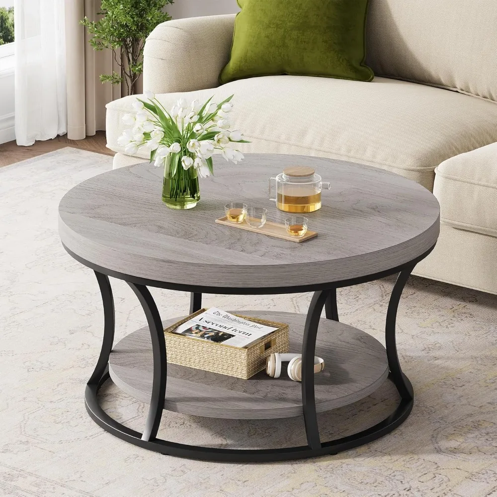 

Coffee Table for Living Room, 2-Tier Circle Coffee Table with Storage, Accent Center Table Modern Design, Gray Brown and B