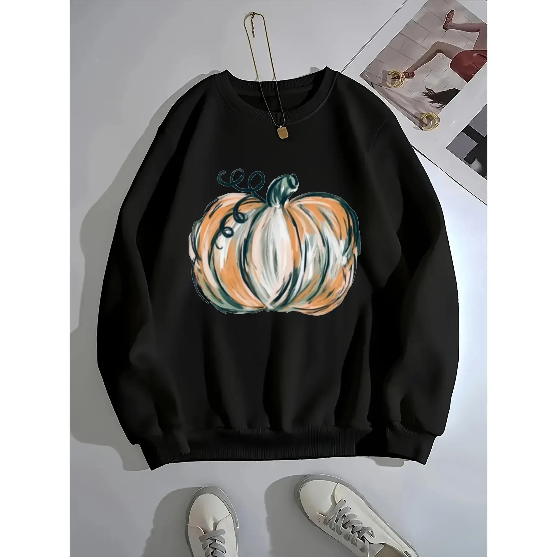 

Women's Halloween Pumpkin Sweatshirt Oversized Crewneck Long Sleeve Tops Graphic Autumn Sweater Fall Outfit